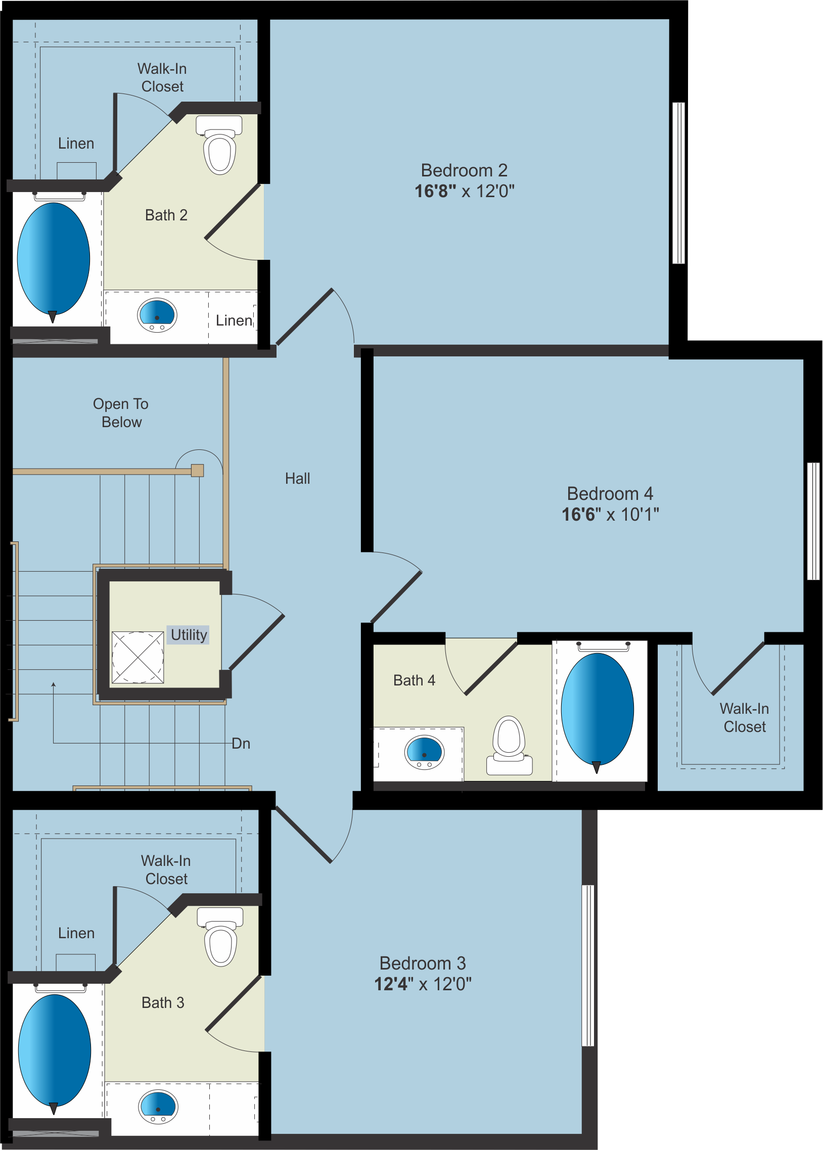 A blue floor plan of an apartment.