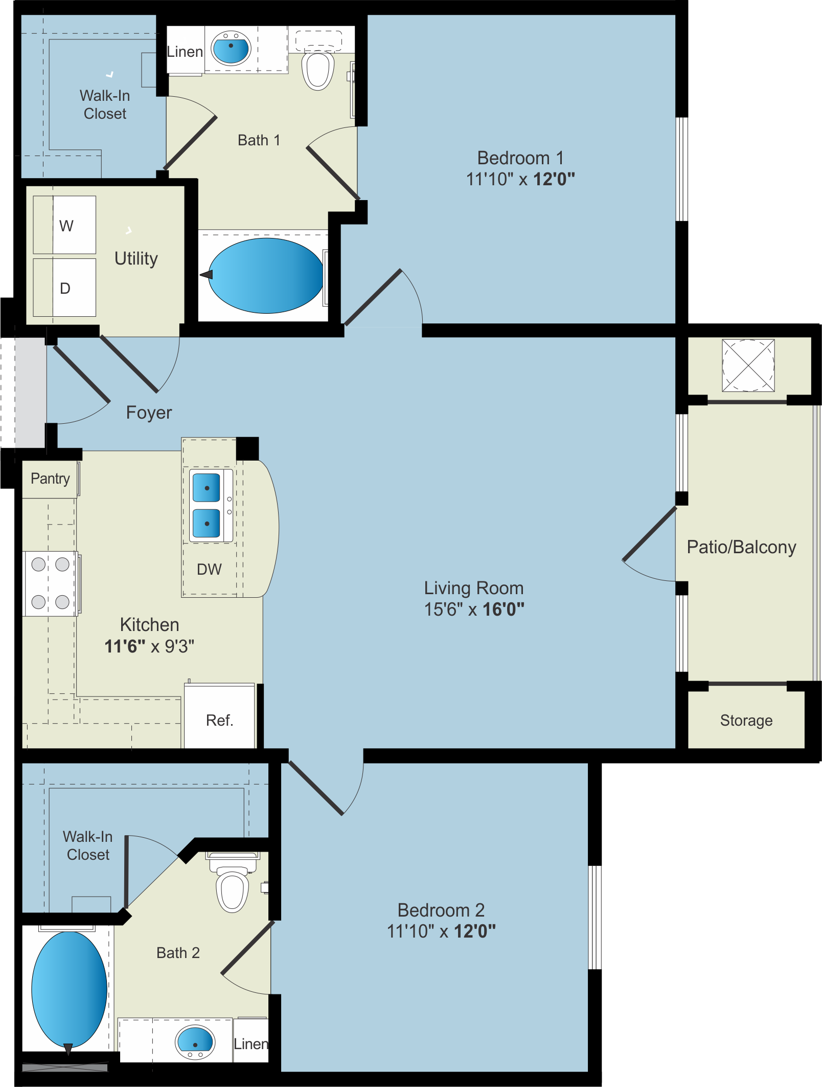 A blue floor plan of an apartment.