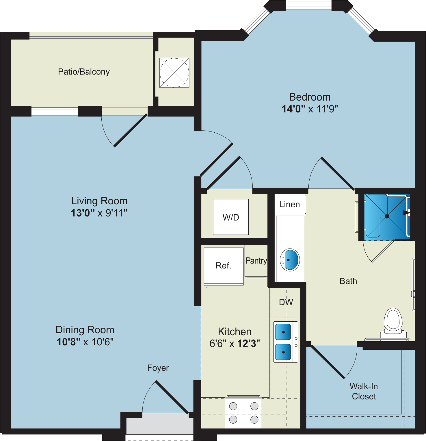 A floor plan for a one bedroom apartment available for Apartment Rentals.