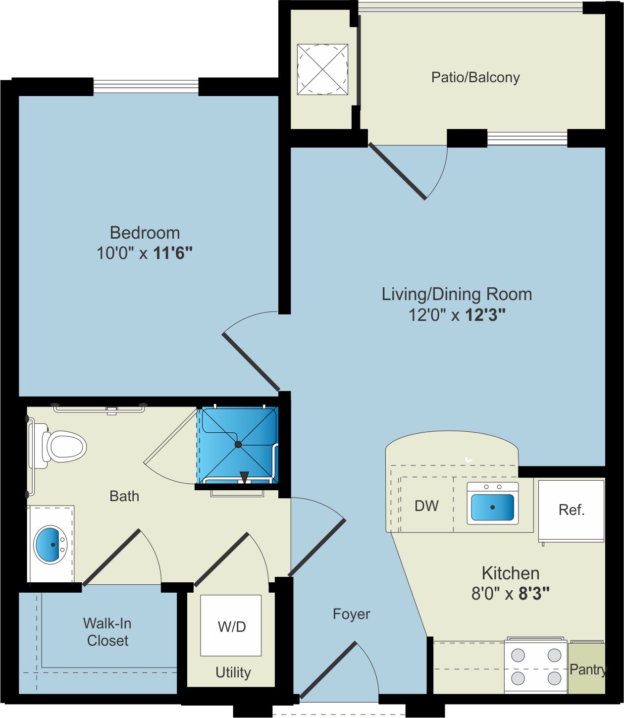 A floor plan for a one bedroom apartment in an apartment rental building.