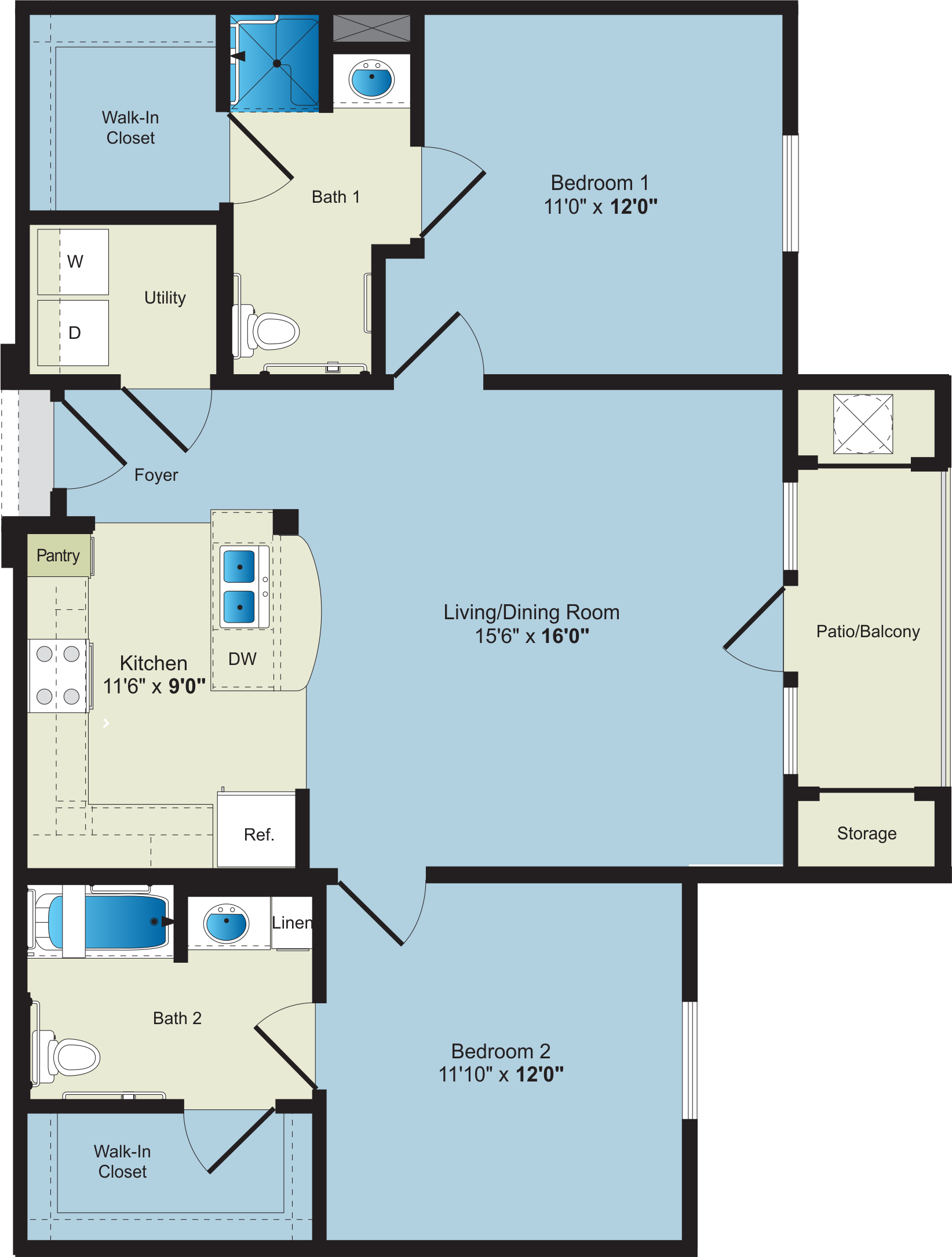 A floor plan for a two bedroom apartment available for Apartment Rentals.