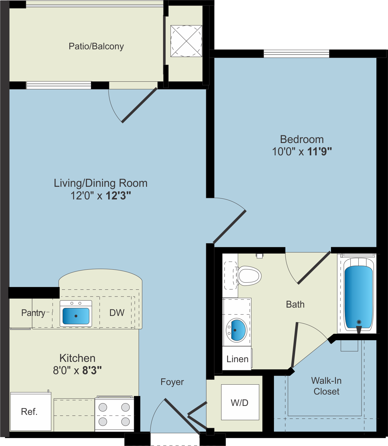 A one bedroom apartment floor plan for Apartment Rentals.