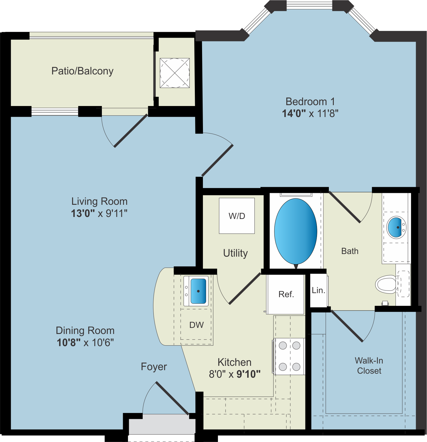 An exquisite floor plan showcasing a luxurious one-bedroom apartment designed for Apartment Rentals.