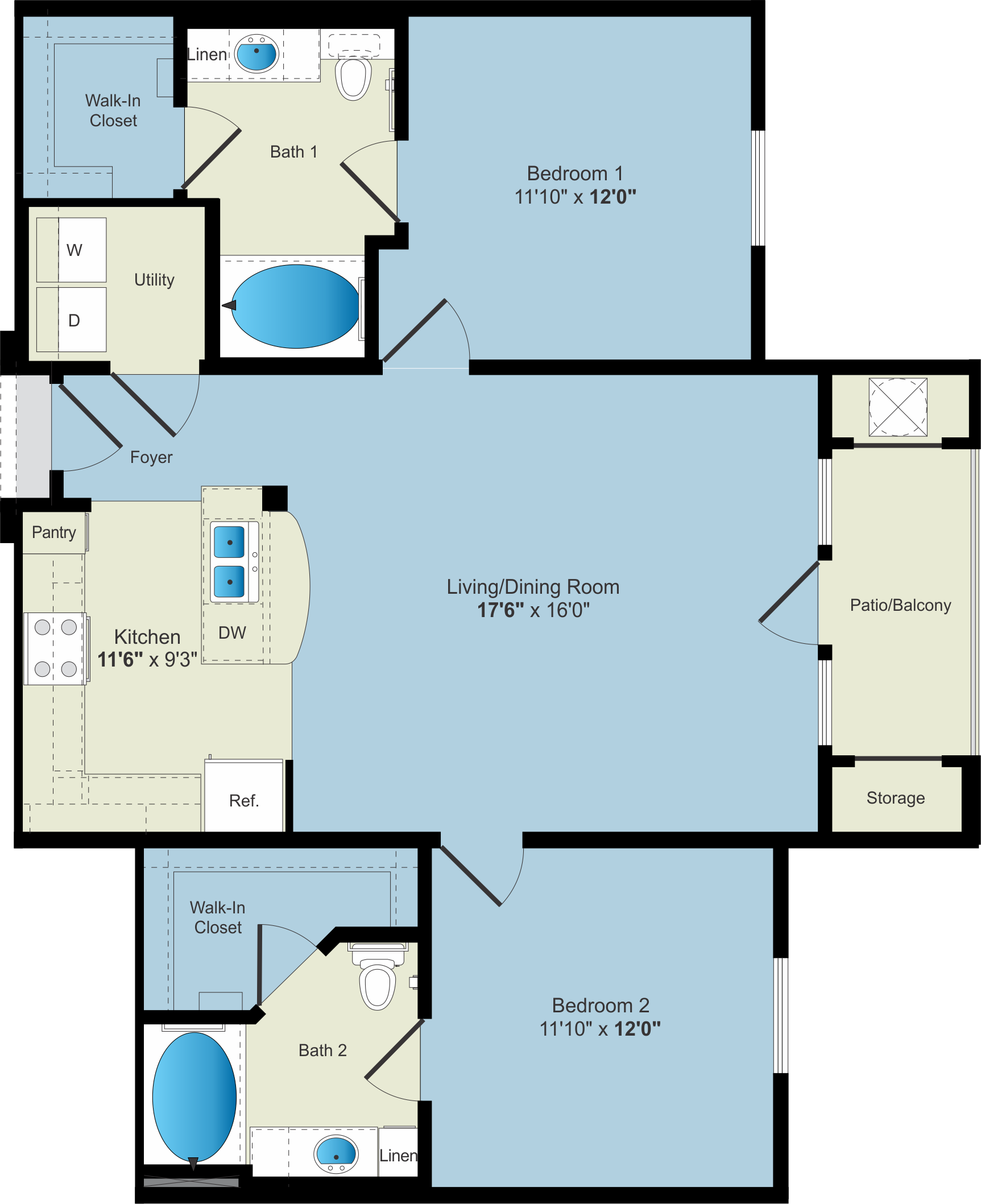 Apartment Rentals: A floor plan for a two bedroom apartment.